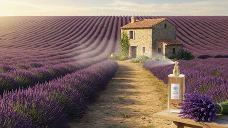a serene lavender field scene with an old stone house and a fragrant perfume bottle capturing nature's beauty and tranquility amidst the vibrant purple blooms