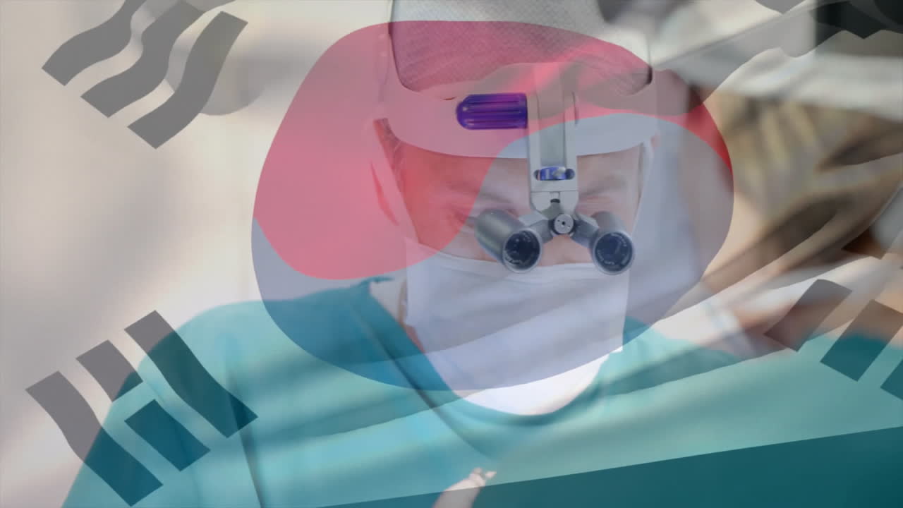 Animation of flag of south korea over diverse surgeons in hospital