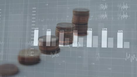 Animation-Der-Finanzdatenverarbeitung-über-Münzen-Auf-Weißem-Hintergrund