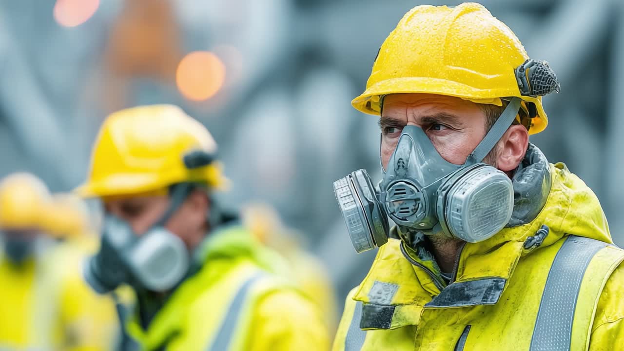 Workers in Protective Gear: Focused Individuals Wearing Yellow Raincoats and Masks Amidst Industrial Environment, Ready for Action in Challenging Conditions