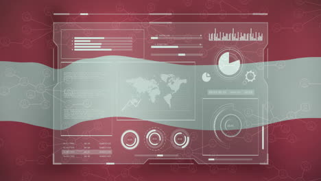 digital dashboard with graphs and world map animation over flag of austria