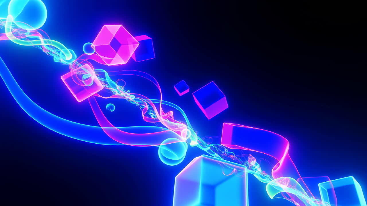 Abstrakte, neonleuchtende Würfel, Kugeln und Bänder fließen im digitalen Raum