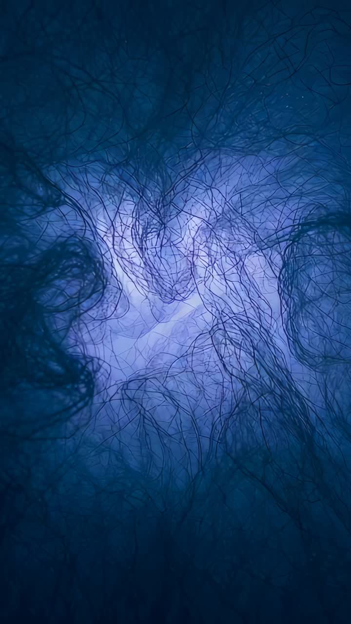 Vertical video: Advancing frames showing pink core, pale ribbon, wisps shifting on blue backdrop