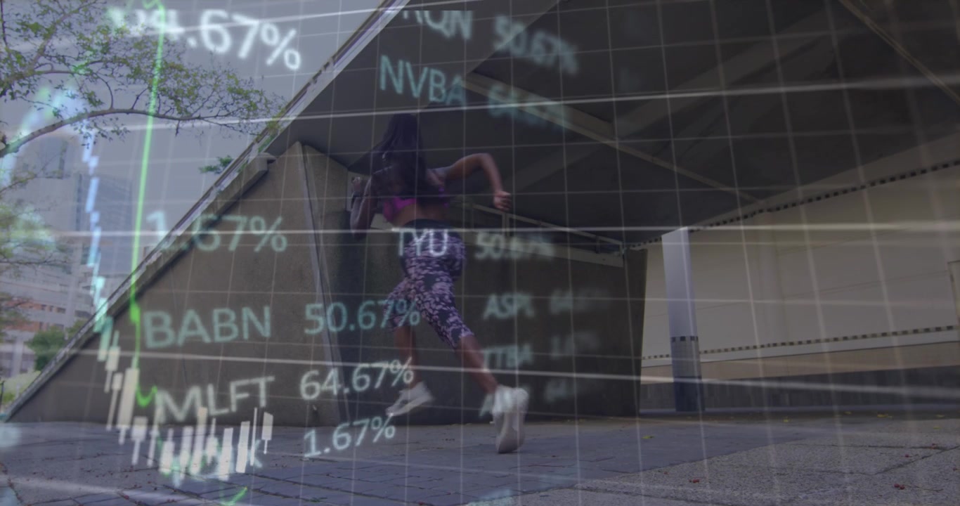 Animation of financial data processing over african american woman running