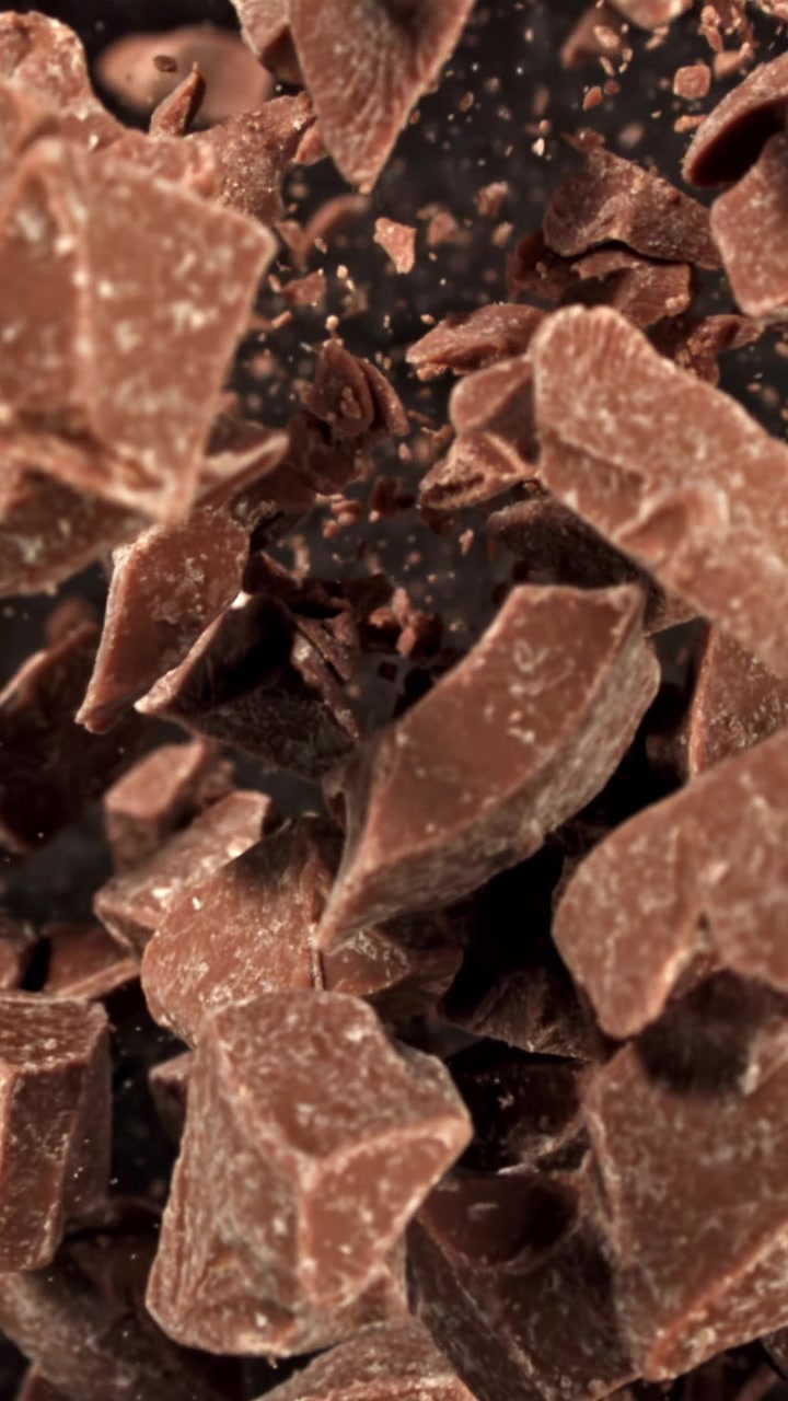 Super rallentatore di pezzi di cioccolato che cadono su sfondo scuro