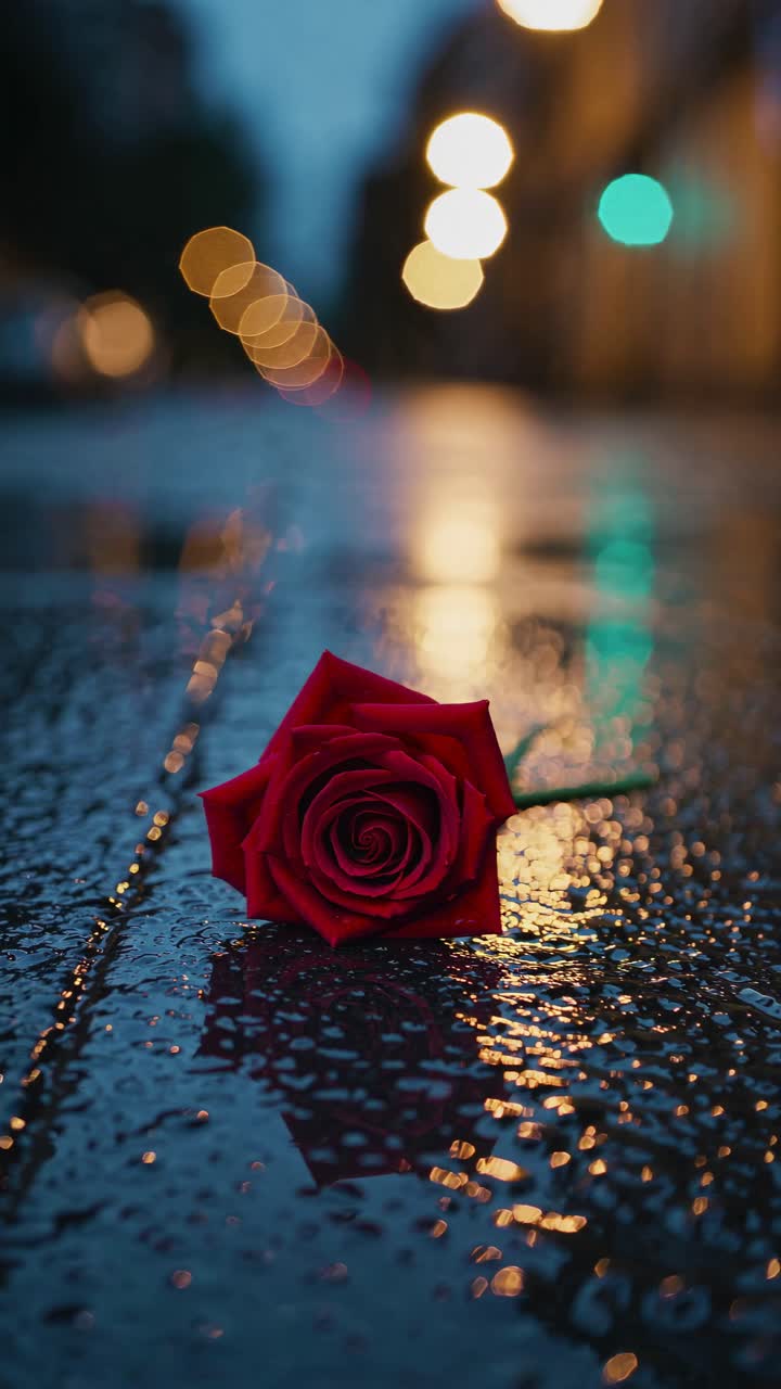 Eine Nahaufnahme einer roten Rose aus einem niedrigen Winkel auf einer nassen Straße in der Dämmerung, mit Bokeh-Lichtern
