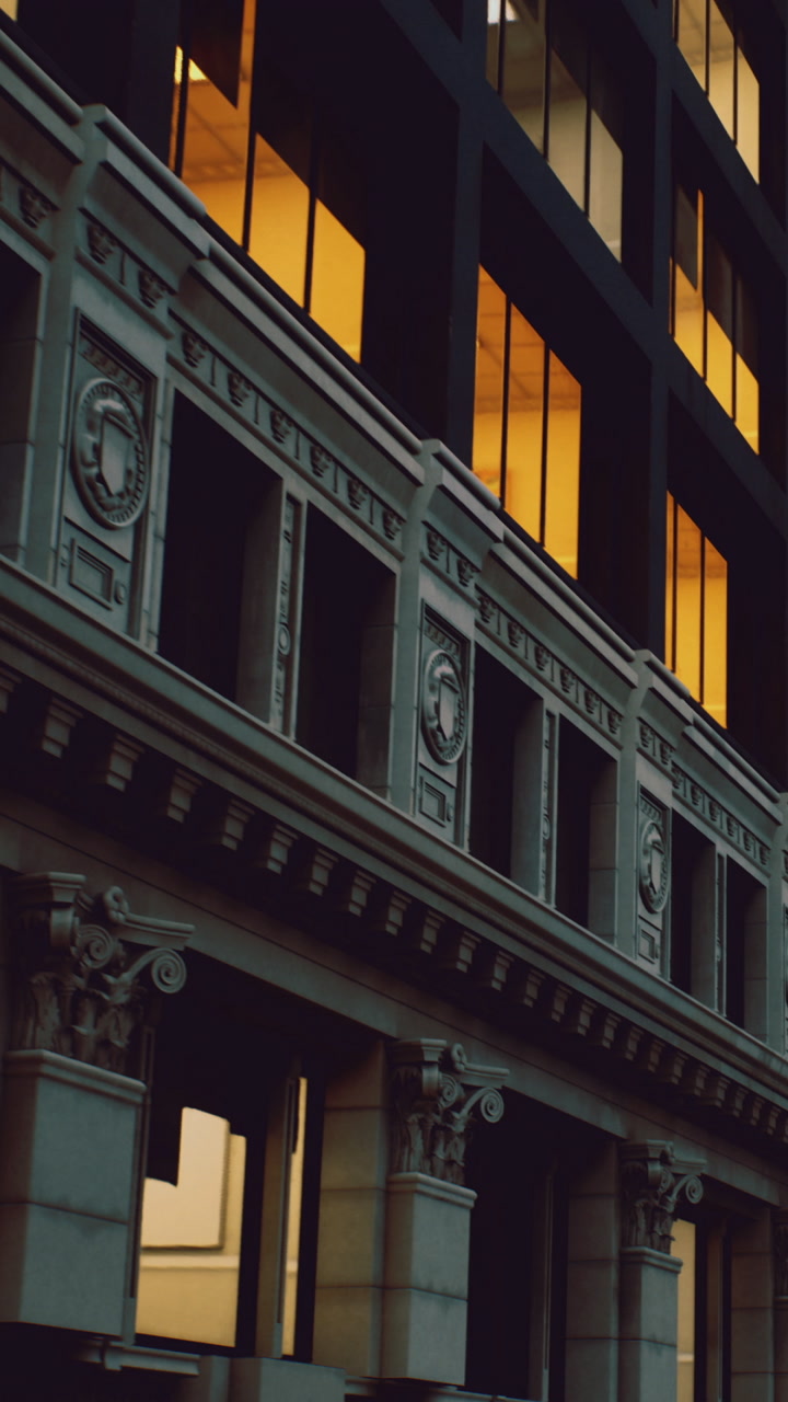 Historic building with modern architecture at dusk in a city