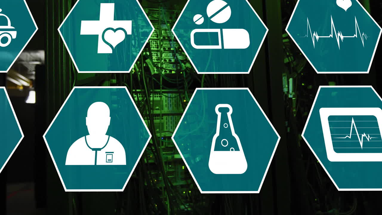 의료 아이콘의 애니메이션 및 컴퓨터 서버를 통해 데이터 처리