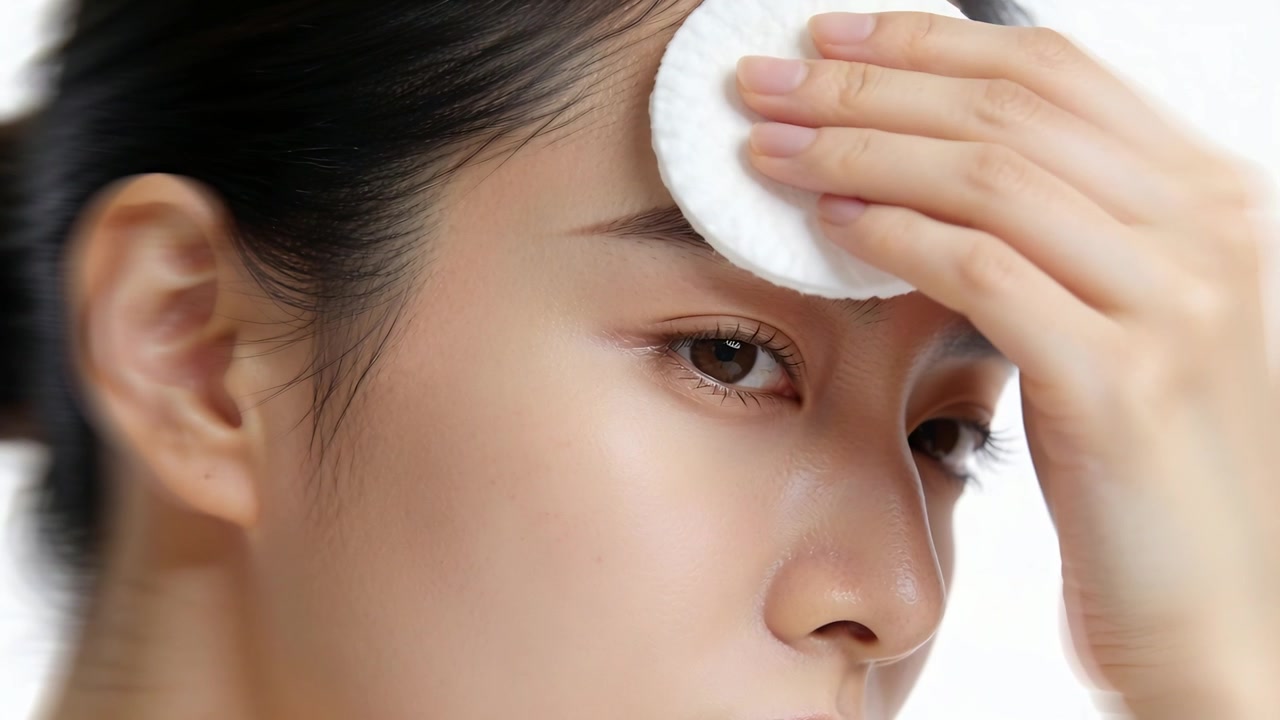 Wiping Asian woman showing forehead care in studio as cotton pad coming from right
