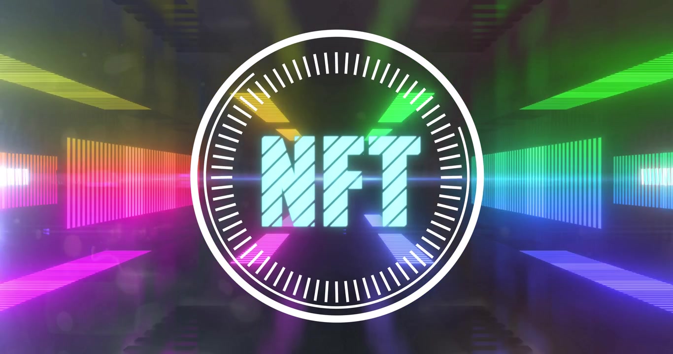 Logo testuale NFT animato con sfondo digitale colorato