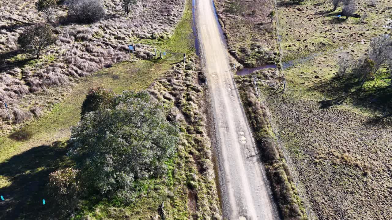 Drone footage captures a straight dirt road through open countryside with scattered trees, grassy fields, and natural sunlight, moving steadily forward