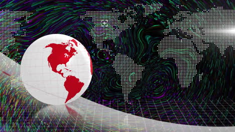 white globe spinning on glossy curved platform, showing dotted world map over swirling lines