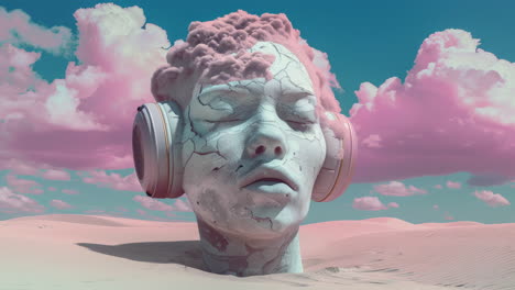 antiguas cabezas de piedra en un entorno desértico distópico con auriculares hechos con arte generativo