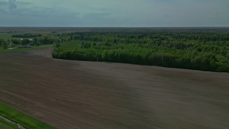 un campo recientemente arado junto a un campo de árboles está listo para la siembra