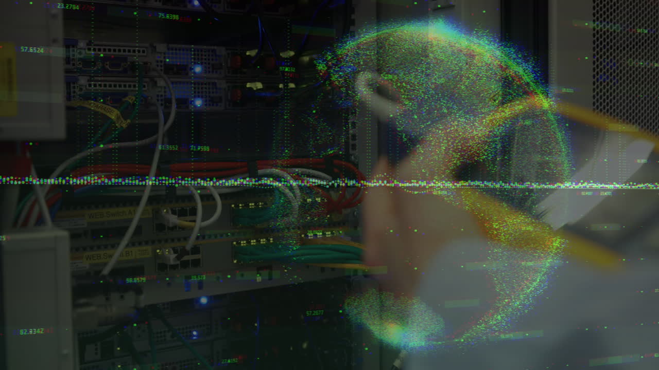 Data processing and globe against mid section of a engineer at computer server room