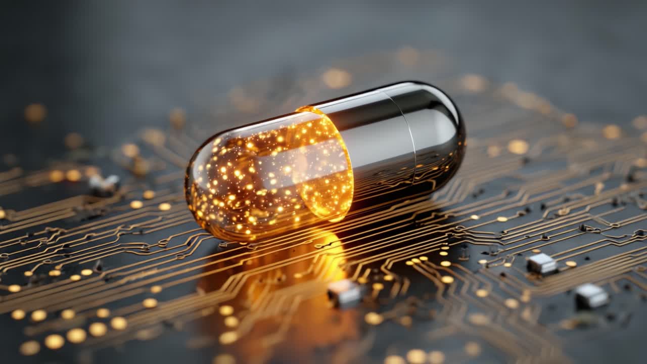 Una capsula scintillante su una scheda di circuito: esplorando l'intersezione tra medicina e tecnologia attraverso un design digitale innovativo e l'arte visiva.