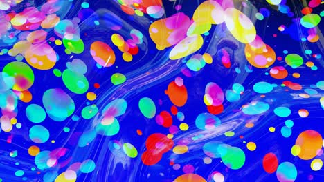 abstract looped background of shiny glossy surface like wavy blue liquid with rainbow color circles float like drops of paint in oil. Beautiful creative background with color gradient in 4k. 3d