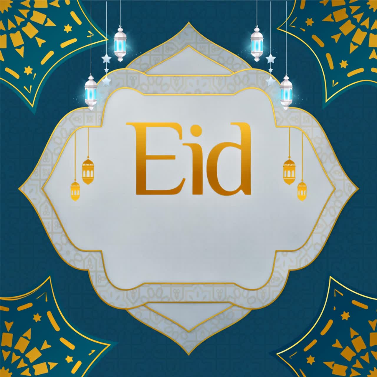 Animazione banner di auguri Eid Mubarak con tipografia dorata, lanterne sospese e cornice geometrica islamica su sfondo blu