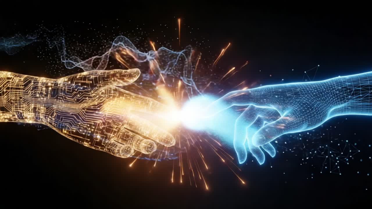 A Stunning Visual Representation of the Connection Between Humanity and Technology Through a Dynamic Interaction of Robotic and Human Hands Sparking with Energy