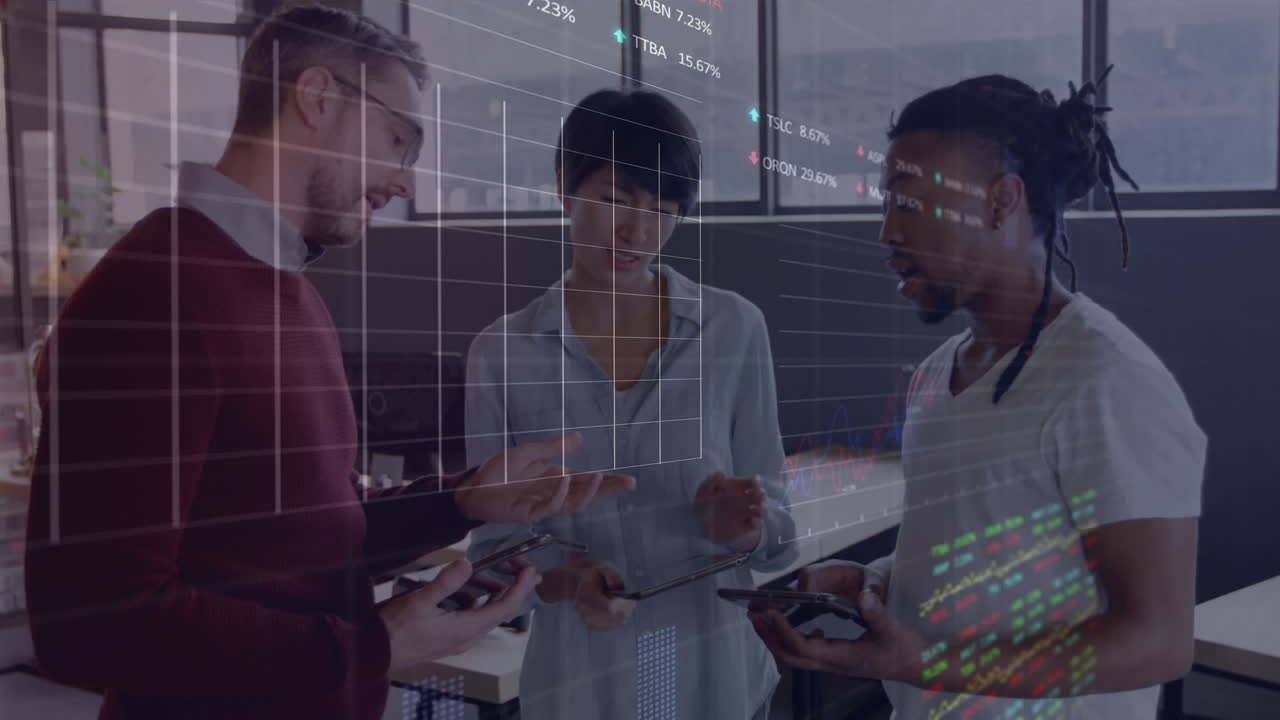 Animation of financial data processing over diverse business people having meeting at office