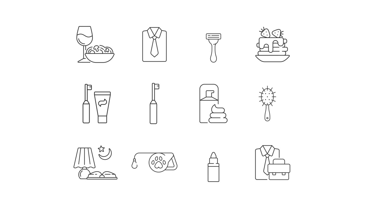 Icone animate in stile line art di routine quotidiana e stile di vita