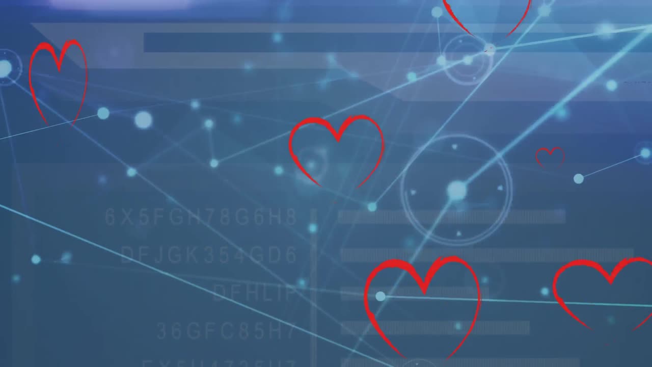 여러 개의 빨간색 심장 아이콘과 파란색 배경의 데이터 처리에 대한 연결 네트워크