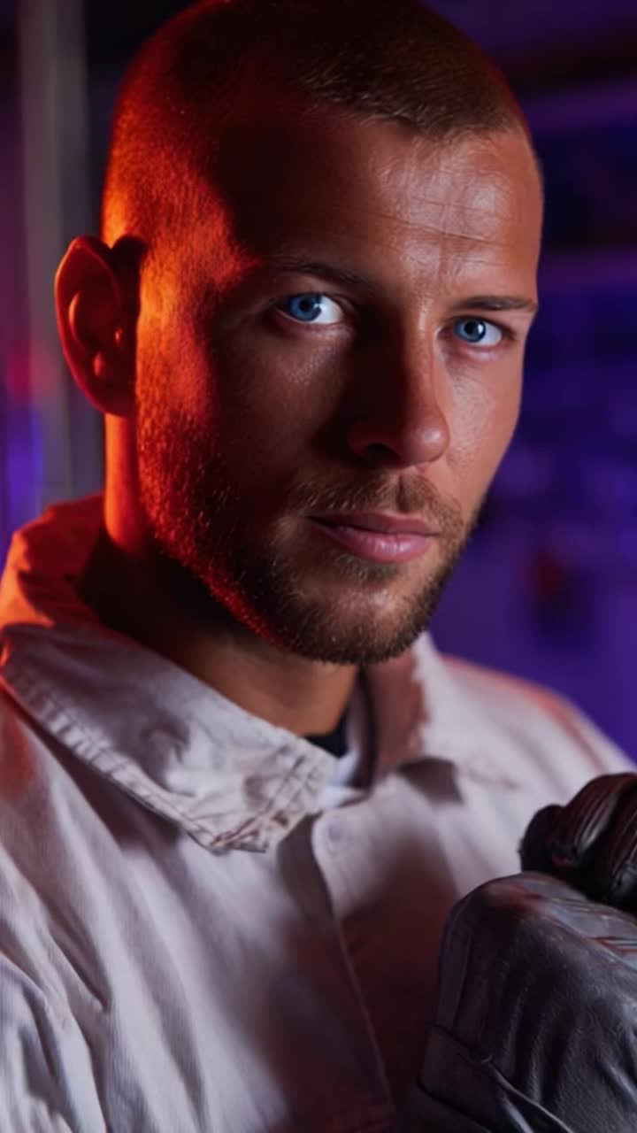 Intense Portrait of a Focused Individual in a Scientific Environment, Showcasing Determination and Strength Through a Powerful Facial Expression and Unique lighting