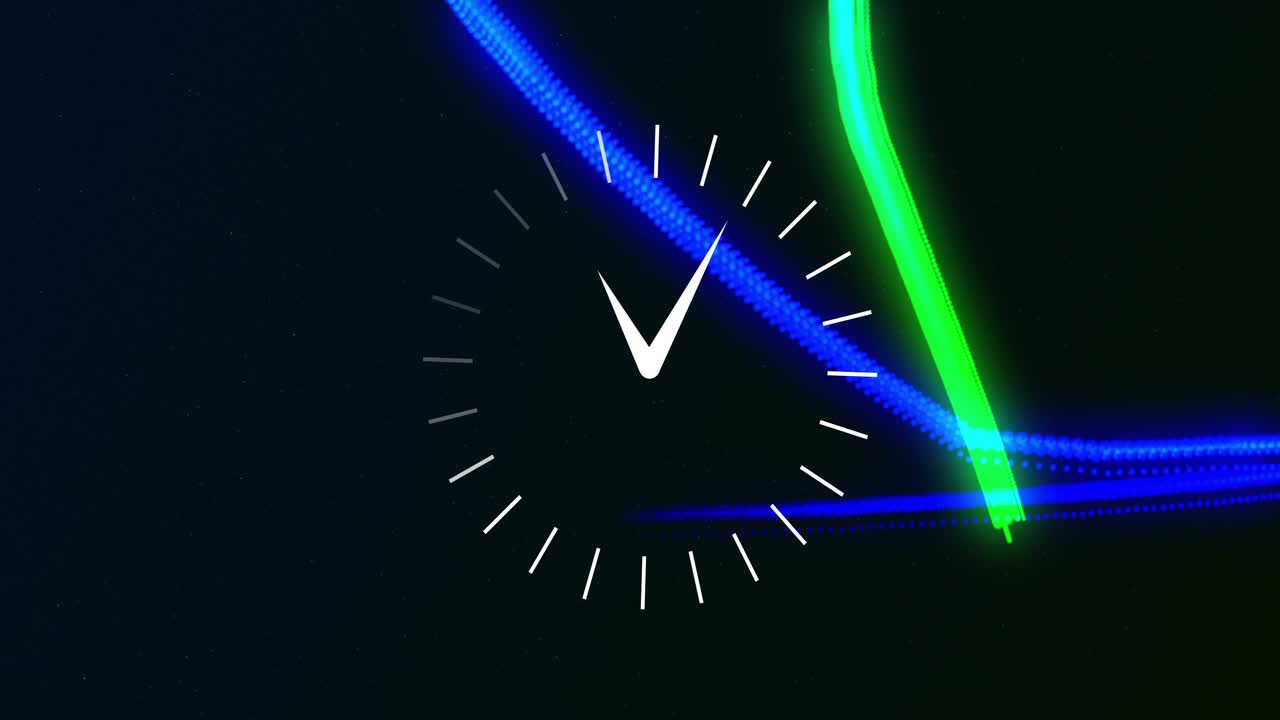 Green comet appearing, neon trails circling central clock motif, rotating hands, showing time flow