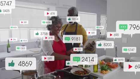 Animation-Der-Benachrichtigungsleisten-über-Einem-Afroamerikanischen-Paar,-Das-Beim-Kochen-Von-Speisen-Ein-Digitales-Tablet-Verwendet