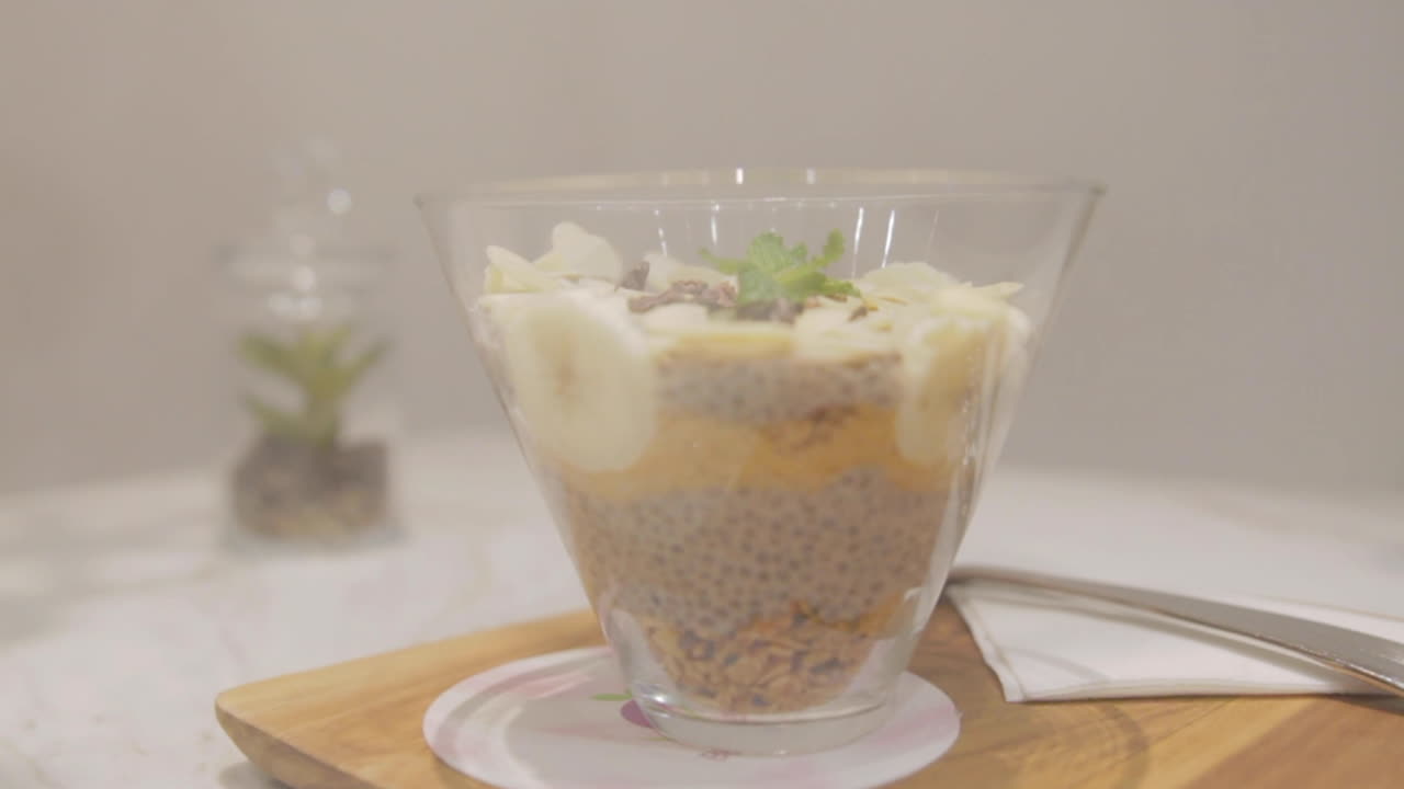 Healthy Cup of Chia Seed Superfood Pudding on Wood Platter