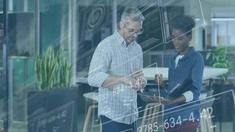 animation of financial data processing over diverse business people in office