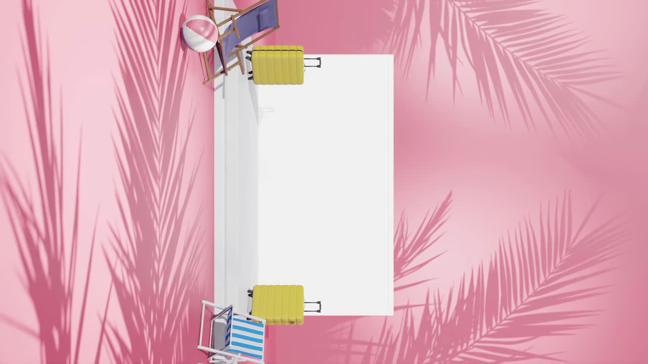 concepto de viaje nómada digital de trabajo remoto con portátil y maleta en fondo de playa de palmeras tropicales animación de renderización 3d vertical