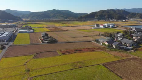 Volando-Sobre-Un-Pequeño-Pueblo-Y-Sus-Campos-En-Japón