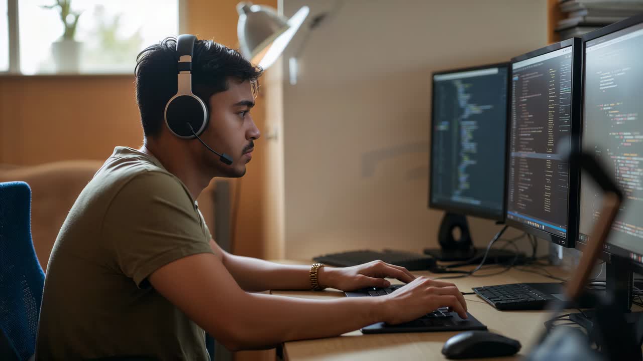Reading code on dual monitors, developer typing on keyboard at office for work, wearing green tee