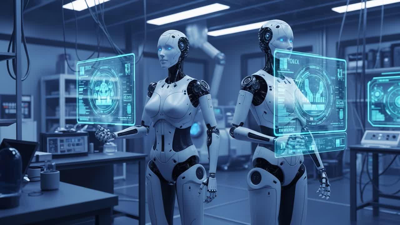 Futuristic Robots Engaged in Advanced Data Analysis Within a High-Tech Laboratory Environment Showcasing Cutting-Edge Technology and Artificial Intelligence Innovations