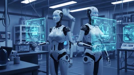 futuristic robots engaged in advanced data analysis within a high-tech laboratory environment showcasing cutting-edge technology and artificial intelligence innovations