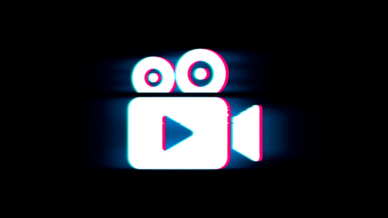 el símbolo del icono de la cámara de video en la animación vintage retro de glitch.