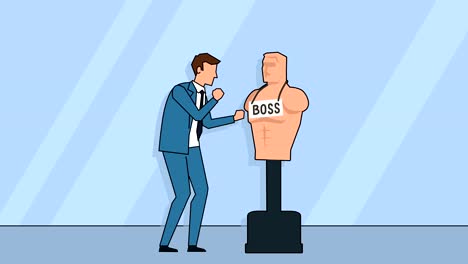 flat cartoon businessman character boxing with boss doll animation