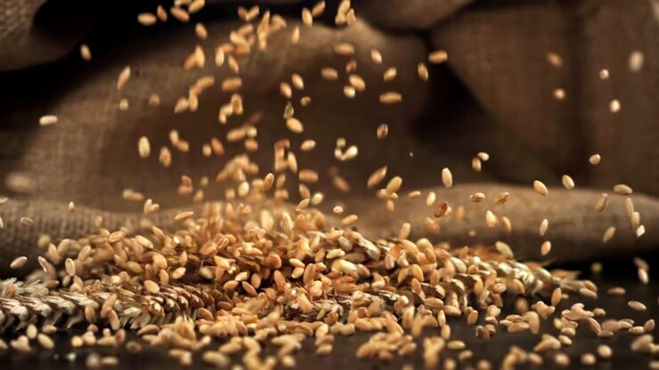 Golden Wheat Grains Falling onto Spikes with Rustic Burlap Background
