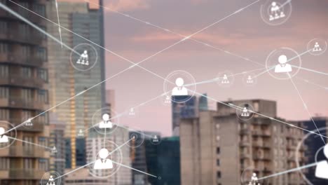 animation of network of connections with icons over cityscape