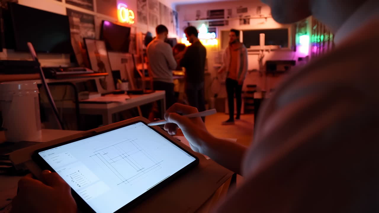 Designer Working on Tablet in Creative Studio with Neon Lights and Colleagues