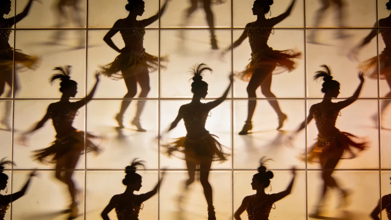 衣装をまとった踊る人影が、タイル張りの壁に映る逆光の合図に合わせ、足を踏み出し手を伸ばし、シンクロ効果を生み出している。