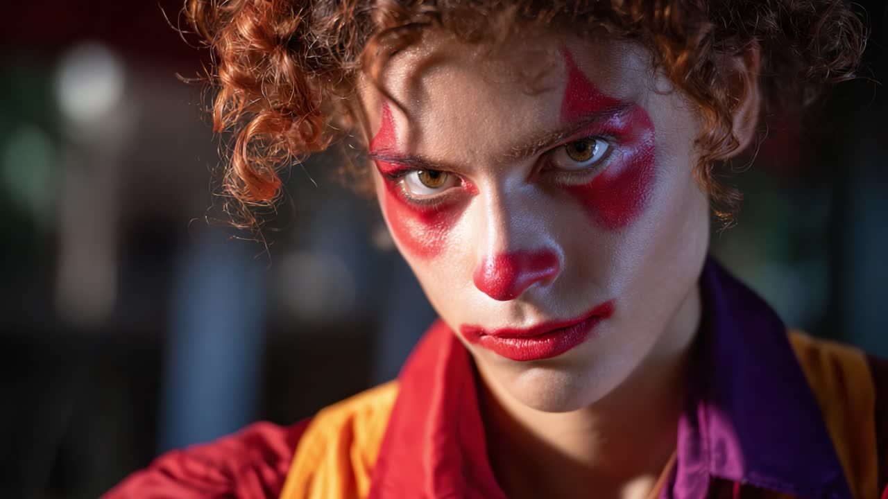 Intense Close-Up of a Clown with Bold Makeup, Capturing a Dramatic Expression Under Soft Lighting, Highlighting Unique Facial Features and Colorful Attire