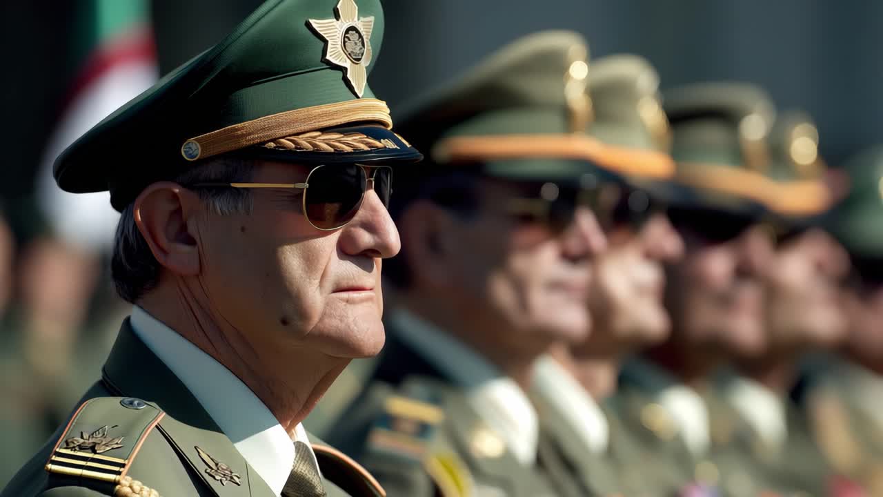 High ranking military officer wearing sunglasses and dress uniform stands at attention during an official ceremony, other officers in the background