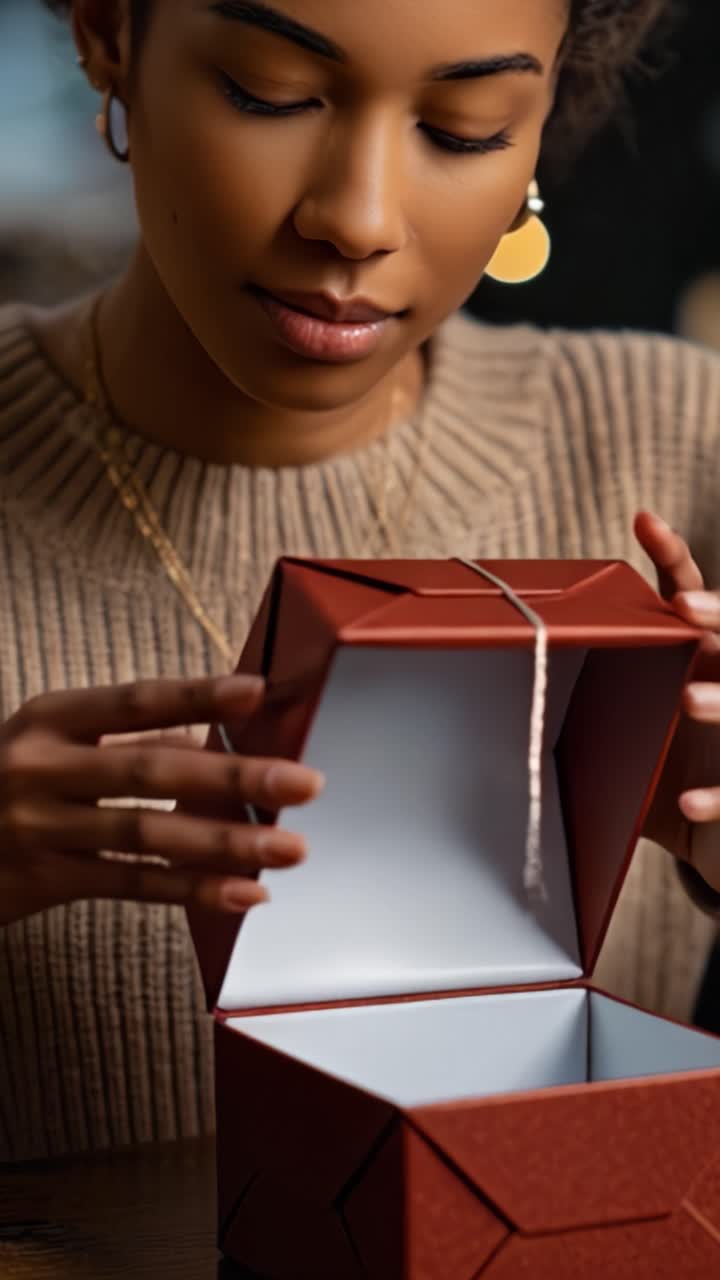 Una donna scarta delicatamente un regalo splendidamente incartato, mostrando la gioia del dare e del ricevere, con un'atmosfera calda che evidenzia momenti festivi e connessioni personali