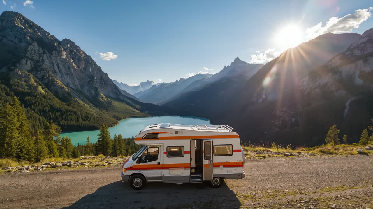 Inquadratura dal basso verso l'alto con il sole che fa capolino dietro la cresta, che mostra un camper arancione su un punto panoramico ghiaioso
