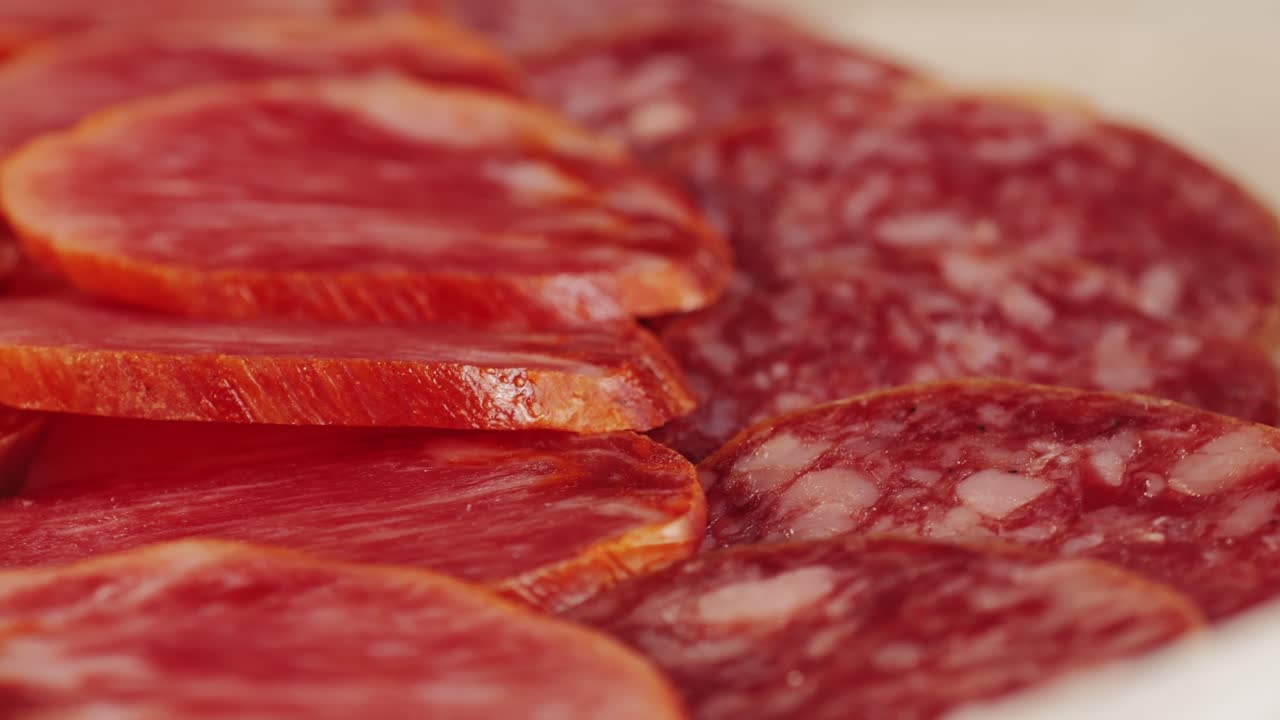 Mix of spanish pork sausages, Cutting board of appetizing catalonian snack - fuet, jamon, chorizo, olives, supermarket tapas food in spain, traditional cuisine.