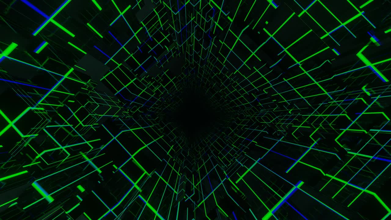 animación en bucle sin costuras de 4k. vuela a través del túnel de espejo con patrón de neón, las líneas de brillo forman un patrón de ciencia ficción. luz de neón de reflexión brillante. fondo brillante simple, estructura de ciencia ficción