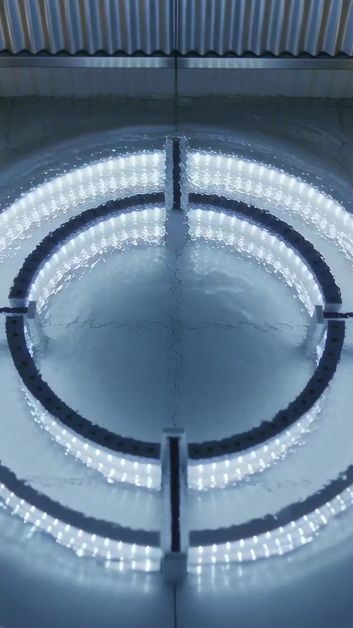 Vertical video: Glowing 2 LED rings with braces on tiled floor, rippling fluid causing light shifts
