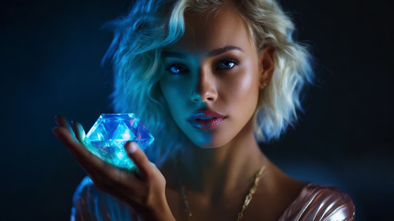 A captivating close-up of a stylish individual holding a luminous gemstone that emanates vibrant colors, accentuated by a moody background, showcasing a blend of elegance and intrigue